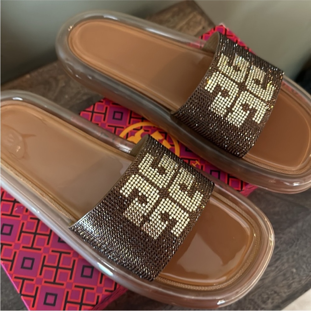 Tory Burch Brown and Gold Logo Slide Sandals